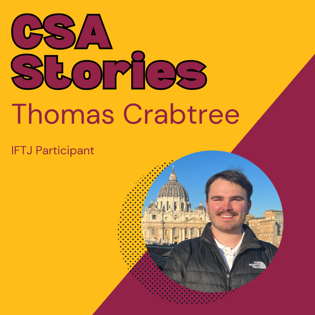 CSA Story Header for Thomas Crabtree; a headshot image of him on a maroon and gold background